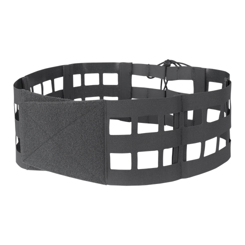 A black, grid-patterned tactical belt with large rectangular cutouts, adjustable straps, and a Velcro closure, displayed against a white background.