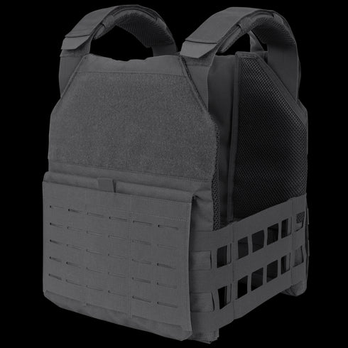 The Condor Phalanx Plate Carrier | SALE is a black tactical vest with adjustable shoulder straps and laser-cut MOLLE webbing on the front and sides, perfect for military or law enforcement use.