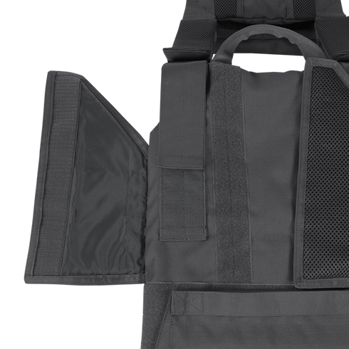 Black tactical vest showing an open side panel with hook and loop fasteners and mesh lining, displayed on a plain white background.
