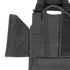 Black tactical vest showing an open side panel with hook and loop fasteners and mesh lining, displayed on a plain white background.