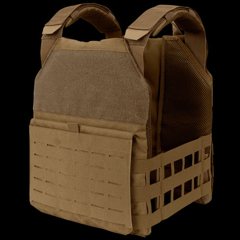 The Condor Phalanx Plate Carrier | SALE is a tan tactical vest with adjustable straps, front and side MOLLE webbing, and hook-and-loop panels for ballistic plates.