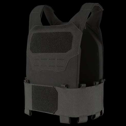 The Condor Specter Plate Carrier, a black tactical vest with adjustable straps and Velcro panels, designed for military or law enforcement use, is displayed against a plain background.