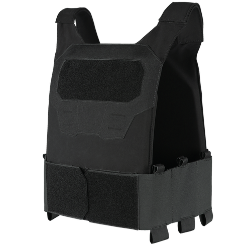 The Condor Specter Plate Carrier is a black tactical vest with adjustable straps and Velcro panels on the front and waist, designed for military or law enforcement use.
