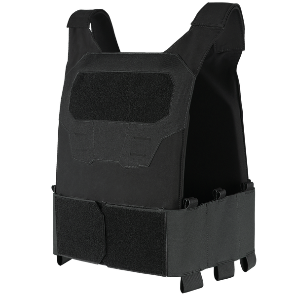 The Condor Specter Plate Carrier is a black tactical vest with adjustable straps and Velcro panels on the front and waist, designed for military or law enforcement use.