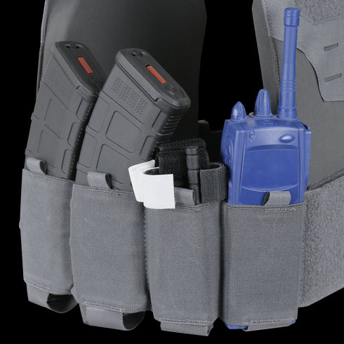 Close-up of three tactical pouches on the Condor Specter Plate Carrier, holding two black rifle magazines, a blue radio, and a black marker—essential gear for first responders or military professionals.
