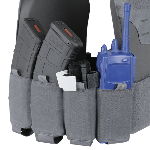 Close-up of three tactical pouches on the Condor Specter Plate Carrier, holding two black rifle magazines, a blue radio, and a black marker—essential gear for first responders or military professionals.