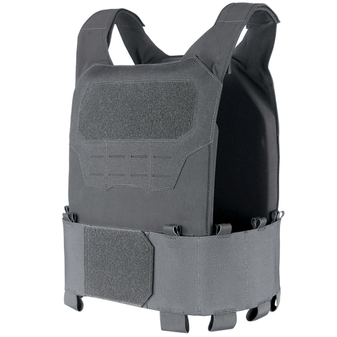 The Condor Specter Plate Carrier is a black vest with adjustable straps and Velcro panels on the front and waist, designed for use with body armor plates—ideal for first responders and law enforcement.