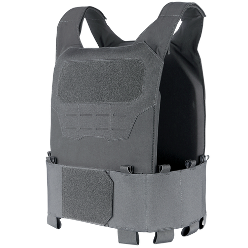 The Condor Specter Plate Carrier is a black vest with adjustable straps and Velcro panels on the front and waist, designed for use with body armor plates—ideal for first responders and law enforcement.