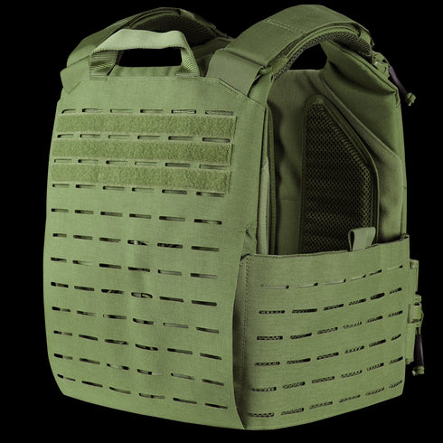 The Condor Vanquish RS Plate Carrier is a green tactical vest with laser-cut MOLLE webbing and padded shoulder straps, ideal for military or first responders to carry armor plates and essential EDC gear.