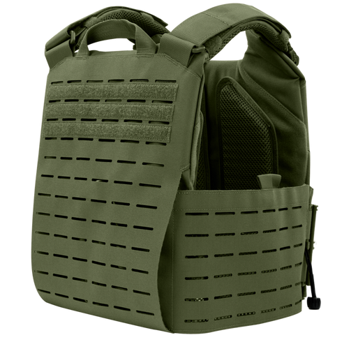 The Condor Vanquish RS Plate Carrier, in olive green, features laser-cut MOLLE slots, reinforced handles, and padded shoulder straps, shown against a white background.