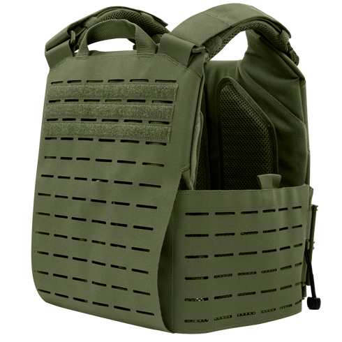 The Condor Vanquish RS Plate Carrier in olive green features laser-cut MOLLE slots, padded shoulder straps, and an adjustable cummerbund, shown on a white background.