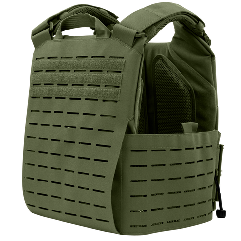 The Condor Vanquish RS Plate Carrier in olive green features laser-cut MOLLE slots, padded shoulder straps, and an adjustable cummerbund, shown on a white background.