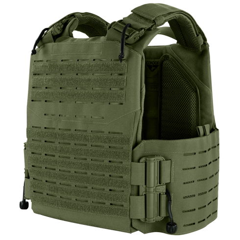 The Condor Vanquish RS Plate Carrier is an olive green vest featuring adjustable straps, MOLLE webbing, and padded shoulders, designed for use as body armor.