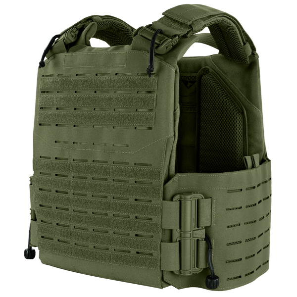 The Condor Vanquish RS Plate Carrier is an olive green vest featuring adjustable straps, MOLLE webbing, and padded shoulders, designed for use as body armor.
