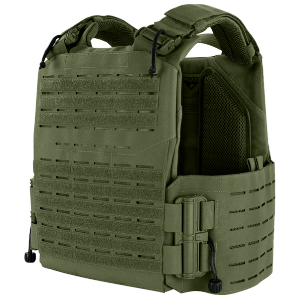 The Condor Vanquish RS Plate Carrier is an olive green vest featuring adjustable straps, MOLLE webbing, and padded shoulders, designed for use as body armor.