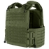The Condor Vanquish RS Plate Carrier is an olive green vest featuring adjustable straps, MOLLE webbing, and padded shoulders, designed for use as body armor.