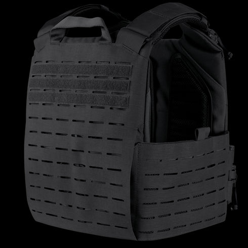 The Condor Vanquish RS Plate Carrier is a black vest featuring modular laser-cut webbing, adjustable shoulder straps, and side panels—ideal for law enforcement use or the shooting range.