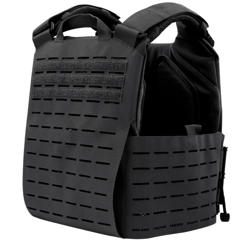 The Condor Vanquish RS Plate Carrier is a black tactical vest with laser-cut MOLLE webbing, adjustable shoulder straps, and reinforced grab handles, displayed on a white background.