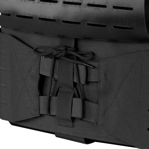 Close-up of the Condor Vanquish RS Plate Carrier in black, featuring webbing, straps, and a front panel laced with shock cord for adjustable fit and versatile attachment options.
