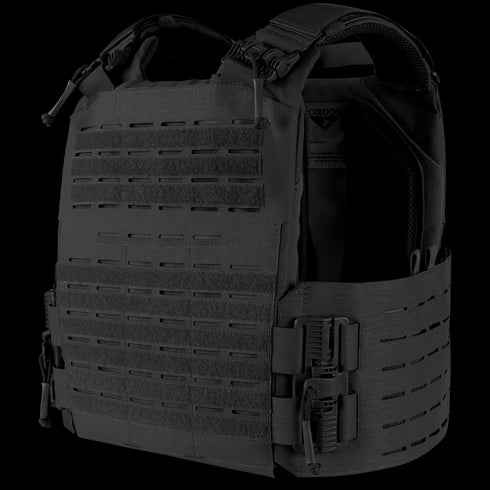 The Condor Vanquish RS Plate Carrier features laser-cut MOLLE slots, adjustable shoulder straps, and quick-release side buckles—perfect for EDC or law enforcement—shown against a white background.