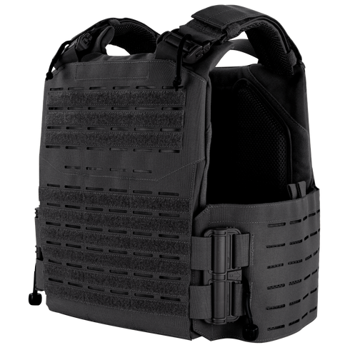The Condor Vanquish RS Plate Carrier in black features adjustable shoulder straps, MOLLE webbing, side panels, and a front flap, displayed against a plain white background.