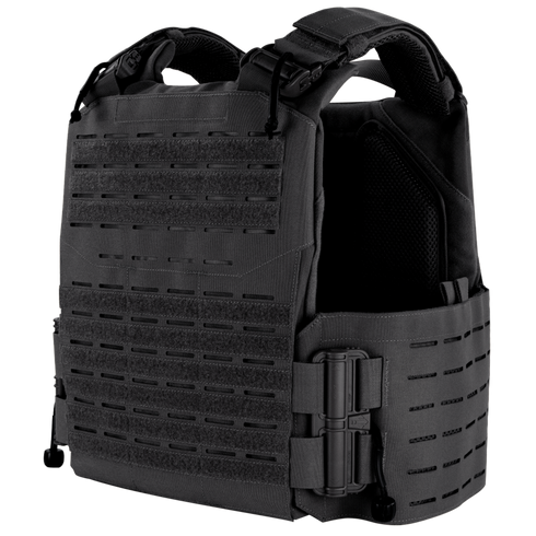 The Condor Vanquish RS Plate Carrier in black features adjustable shoulder straps, MOLLE webbing, side panels, and a front flap, displayed against a plain white background.