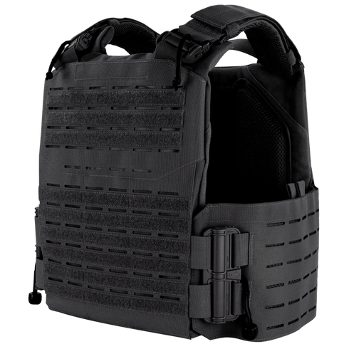 The Condor Vanquish RS Plate Carrier in black features adjustable shoulder straps, MOLLE webbing, side panels, and a front flap, displayed against a plain white background.