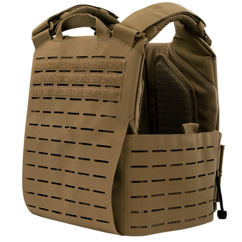 The Condor Vanquish RS Plate Carrier in tan features laser-cut MOLLE webbing, adjustable shoulder straps, and a padded interior, displayed at a three-quarter angle on a white background.
