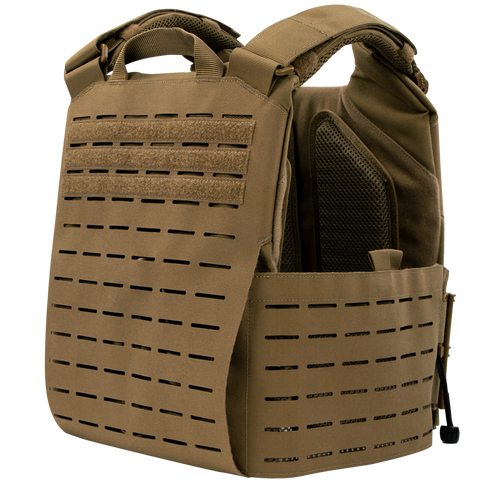 The Condor Vanquish RS Plate Carrier features a tan design with laser-cut MOLLE slots, adjustable shoulder straps, and padded mesh lining for comfort.