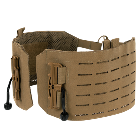 The Condor Vanquish RS Plate Carrier features a brown MOLLE cummerbund with laser-cut slots, quick-release buckles, and mesh inner lining, designed for use with tactical vests and plate carriers.