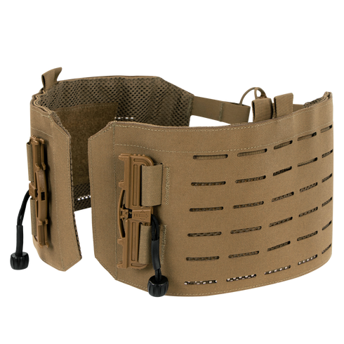 The Condor Vanquish RS Plate Carrier features a tan tactical cummerbund with laser-cut MOLLE slots, mesh interior, and quick-release buckles, designed for modular body armor systems and shown on a white background.