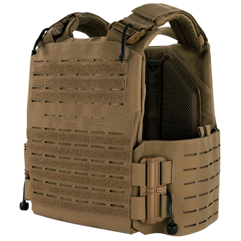 The Condor Vanquish RS Plate Carrier in Coyote Brown features laser-cut MOLLE panels, adjustable straps, quick-release buckle, and padded shoulder sections.