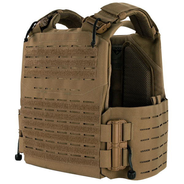The Condor Vanquish RS Plate Carrier in Coyote Brown features laser-cut MOLLE panels, adjustable straps, quick-release buckle, and padded shoulder sections.