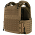 The Condor Vanquish RS Plate Carrier in Coyote Brown features laser-cut MOLLE panels, adjustable straps, quick-release buckle, and padded shoulder sections.
