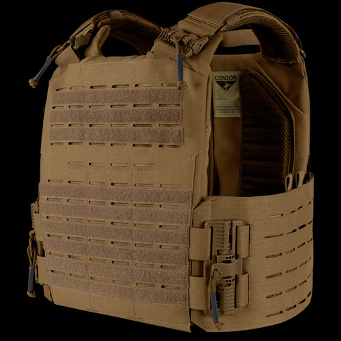 The Condor Vanquish RS Plate Carrier features adjustable shoulder straps, side buckles, laser-cut MOLLE panels, and internal ballistic plate compartments—perfect for professionals needing reliable protection.
