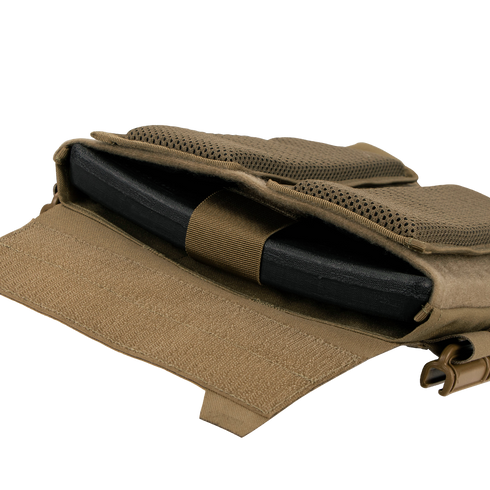 A close-up of the Condor Vanquish RS Plate Carrier shows a brown pocket with a black ballistic plate partially inserted and secured by a horizontal strap.