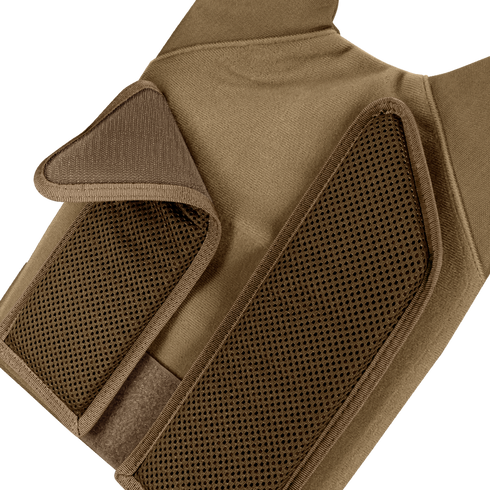 Close-up of the Condor Vanquish RS Plate Carrier in tan, featuring mesh padding and Velcro closure, shown on a white background.
