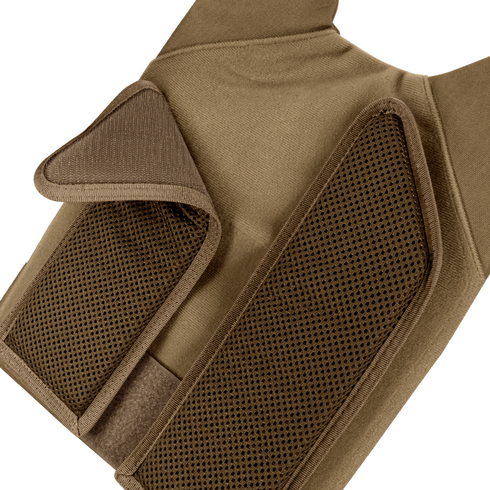 Close-up of the Condor Vanquish RS Plate Carrier, featuring tan mesh pockets and hook-and-loop fasteners, displayed on a white background.