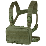 The Condor Stowaway Chest Rig in olive green features adjustable shoulder straps, MOLLE webbing, quick-release buckles, and a front compartment—perfect for military or first responder applications.