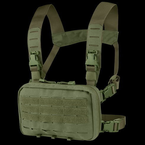 The Condor Stowaway Chest Rig in olive green features adjustable shoulder straps, MOLLE webbing, quick-release buckles, and a front compartment—perfect for military or first responder applications.