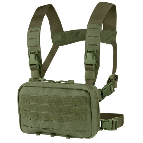 The Condor Stowaway Chest Rig in olive green features adjustable shoulder straps, MOLLE webbing, quick-release buckles, and a front compartment—perfect for military or first responder applications.