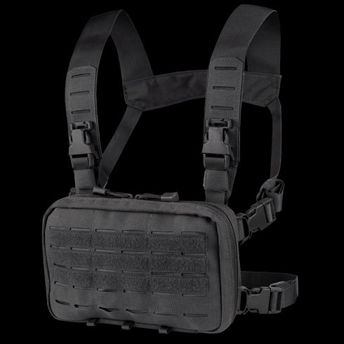 The Condor Stowaway Chest Rig features adjustable shoulder and waist straps, a zippered pouch, and a laser-cut MOLLE front panel—perfect for military or law enforcement use.