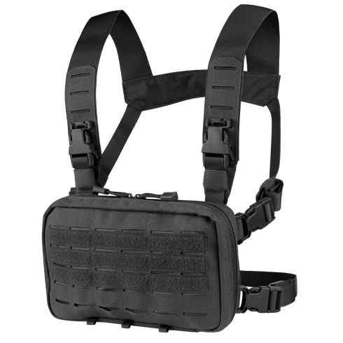 The Condor Stowaway Chest Rig features adjustable shoulder and waist straps, a zippered pouch, and a laser-cut MOLLE front panel—perfect for military or law enforcement use.