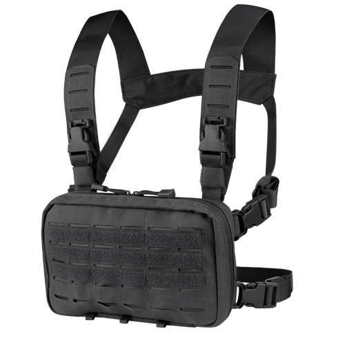 The Condor Stowaway Chest Rig features adjustable shoulder and waist straps, a zippered pouch, and a laser-cut MOLLE front panel—perfect for military or law enforcement use.