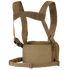 The Condor Stowaway Chest Rig is a tan military chest rig with adjustable shoulder and waist straps, and a front pouch for carrying tactical gear or supplies.