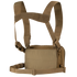 The Condor Stowaway Chest Rig is a tan military chest rig with adjustable shoulder and waist straps, and a front pouch for carrying tactical gear or supplies.