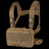 The Condor Stowaway Chest Rig is a tan tactical rig with adjustable straps, plastic buckles, a front pouch with MOLLE webbing, and hook-and-loop panels—ideal for military and first responder use.