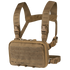 The Condor Stowaway Chest Rig is a tan tactical rig with adjustable straps, plastic buckles, a front pouch with MOLLE webbing, and hook-and-loop panels—ideal for military and first responder use.