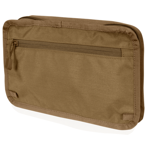 The Condor Stowaway Chest Rig is a tan rectangular zippered pouch crafted from durable fabric, with a front zipper pocket and reinforced edges—perfect for law enforcement or first responders.