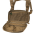 The Condor Stowaway Chest Rig in tan is open, revealing multiple zippered mesh compartments and interior straps—perfect for military or law enforcement applications.